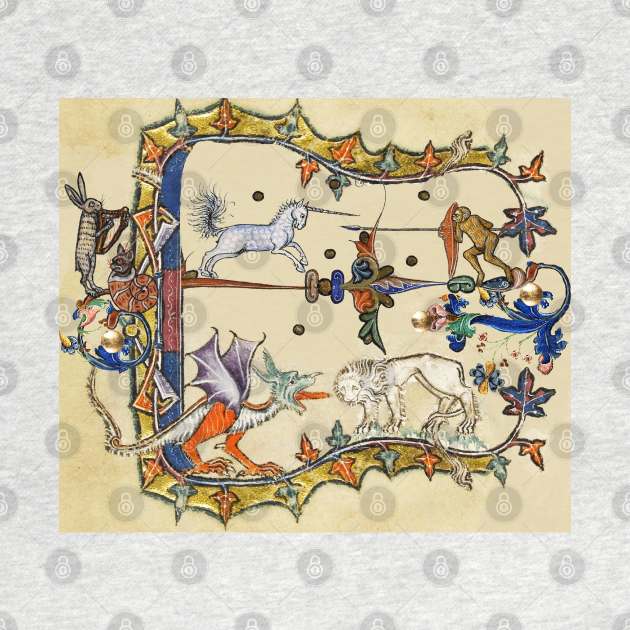 WEIRD MEDIEVAL BESTIARY ,UNICORN FIGHTING MONKEY ,DRAGON AND LION by BulganLumini